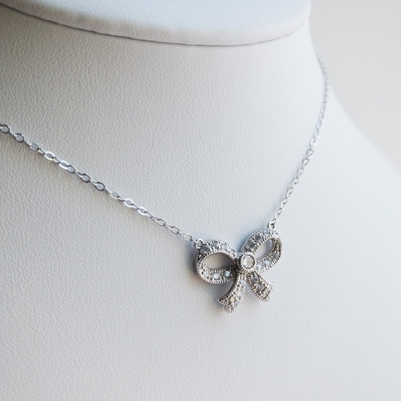 Sterling Silver Chain Pendant Necklace Pave Cubic Zirconia CZ Bow Pendant .925 - Picture 3 of 13